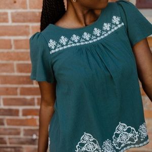 Vici Teal Top with White Embroidery